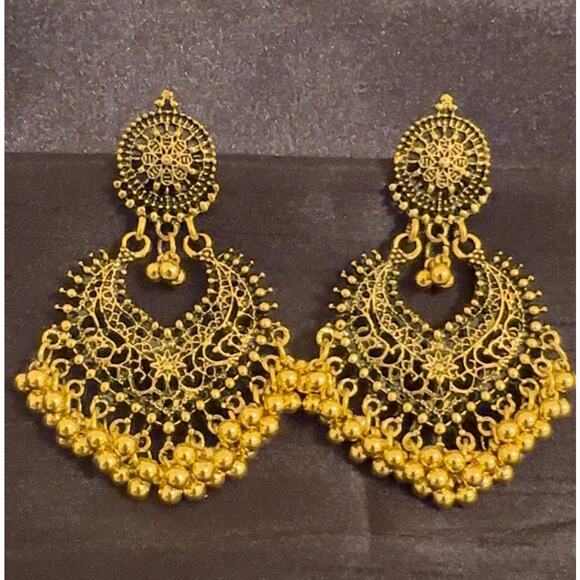 Bollywood Desi Boho Oxidized Gold Tone Jhumka Earrings - Picture 1 of 4